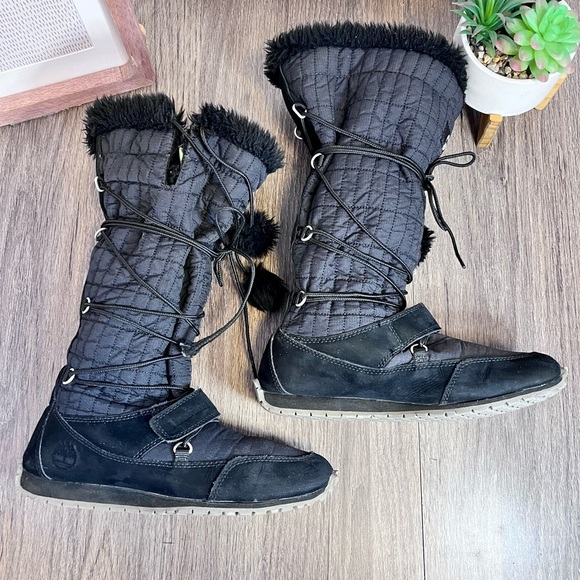 *🎉 HP 🎉Timberland | Black Leather Lace Up Fur Trim Mid-Calf Winter Boots S 7 - Picture 3 of 14